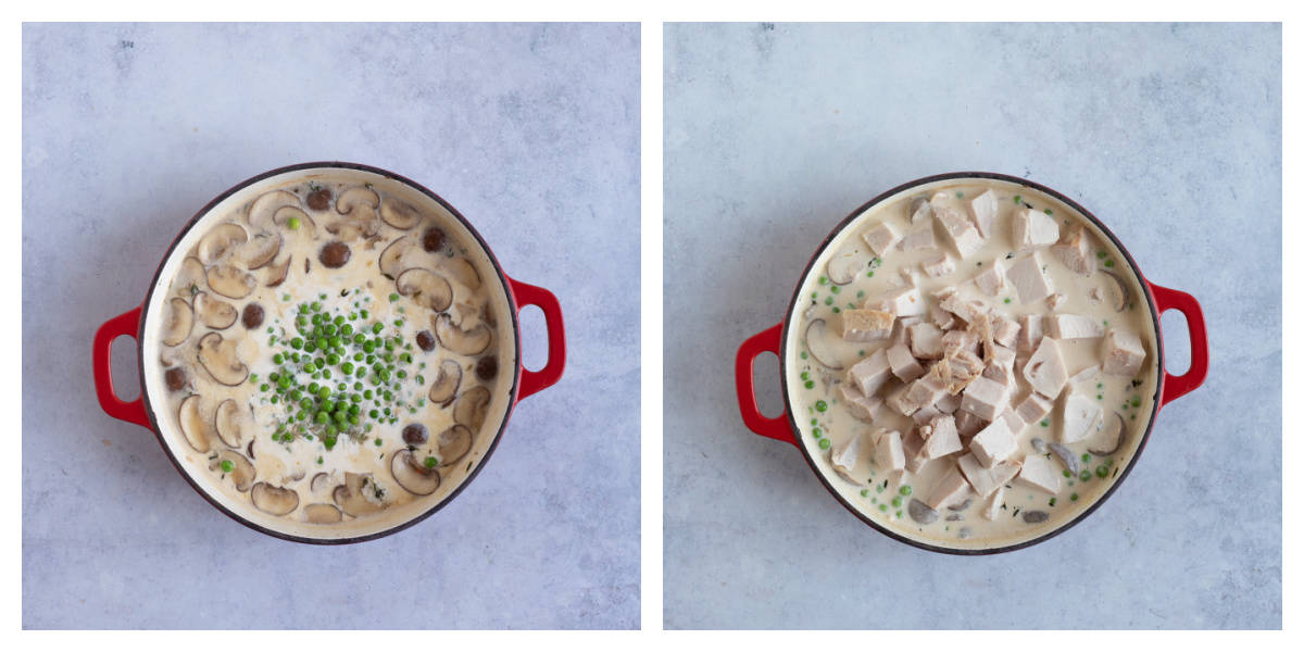 Turkey fricassee in a red pan.