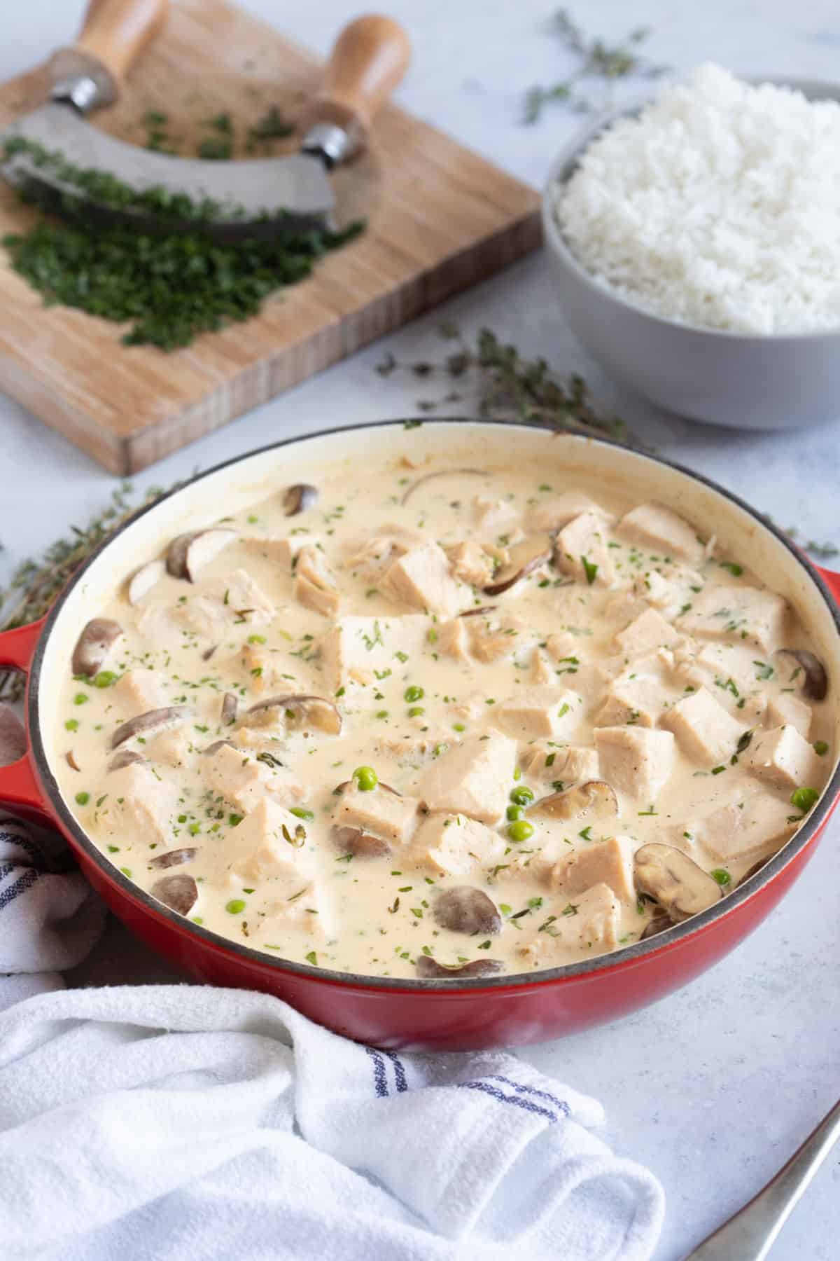 A pan of turkey fricassee.