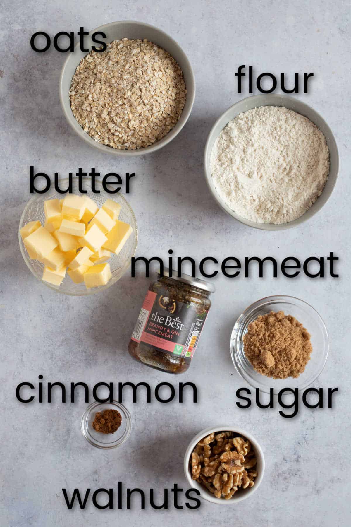 Ingredients needed to make mincemeat crumble slices.