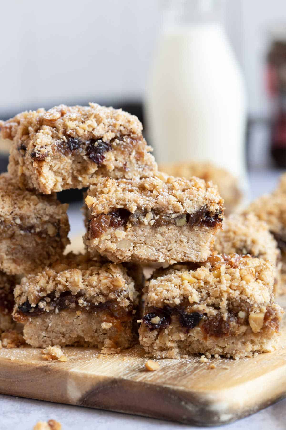 A stack of buttery mincemeat crumble slices.