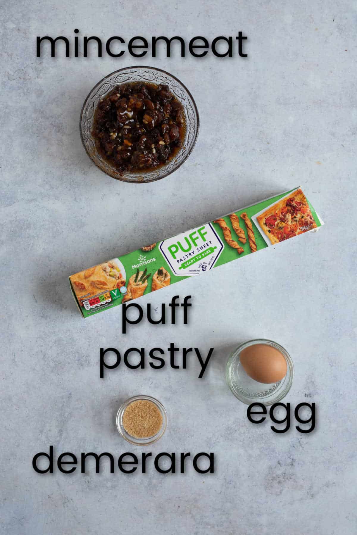Ingredients to make puff pastry mince pies.