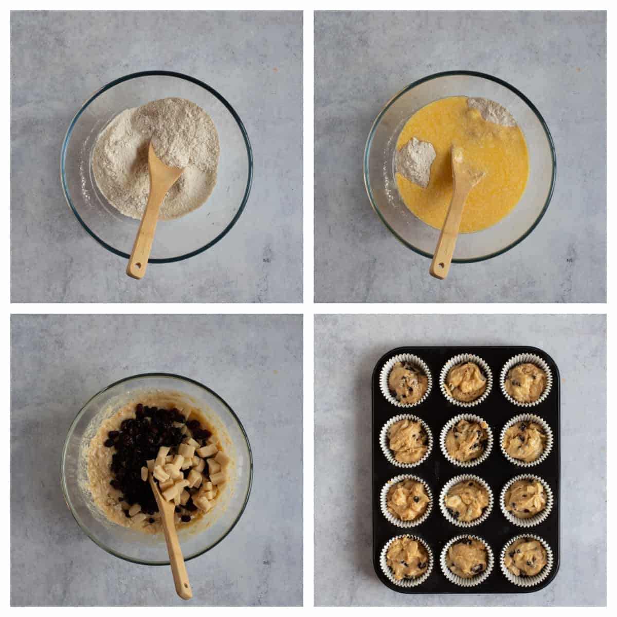 Step by step photo instructions for making stollen muffins.