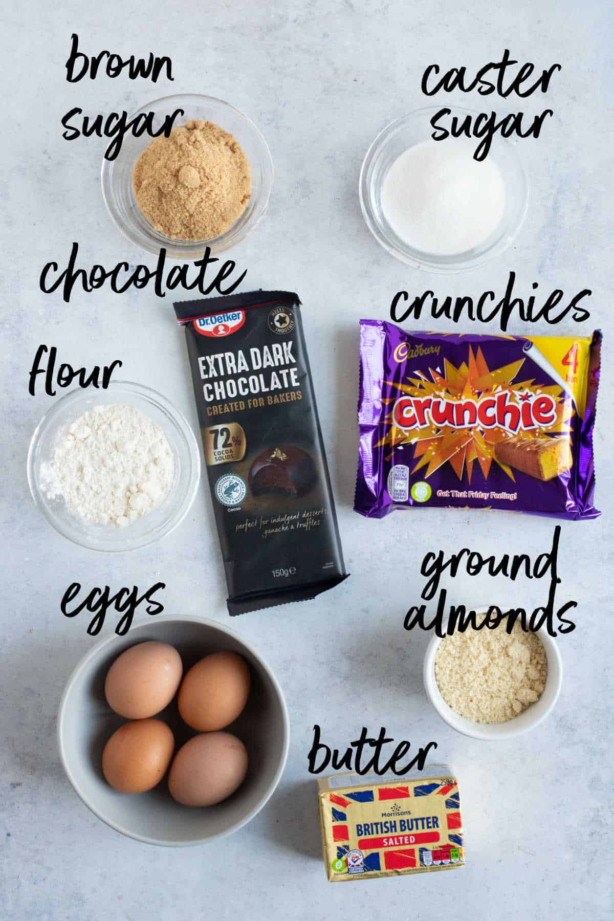 Ingredients for chocolate honeycomb torte.