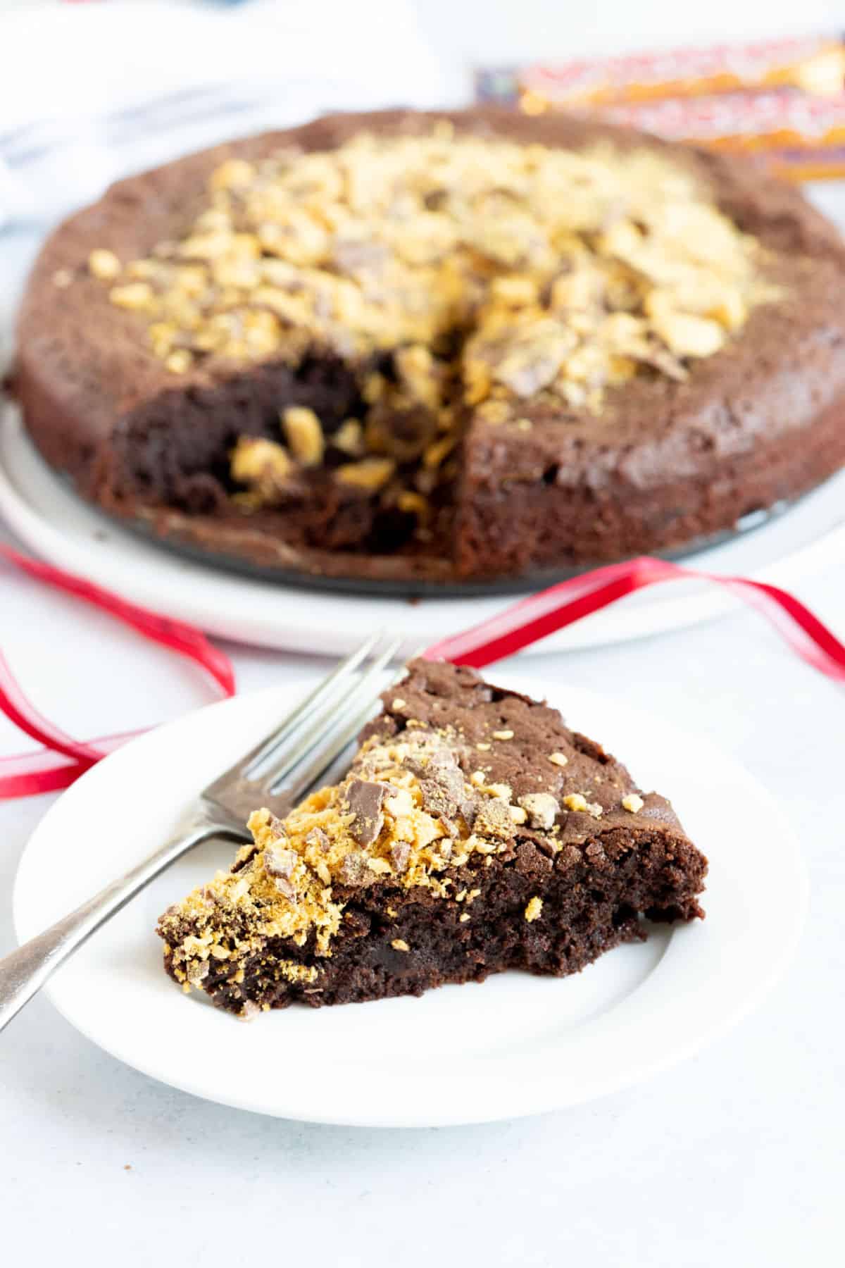 A slice of chocolate torte on a white plate.