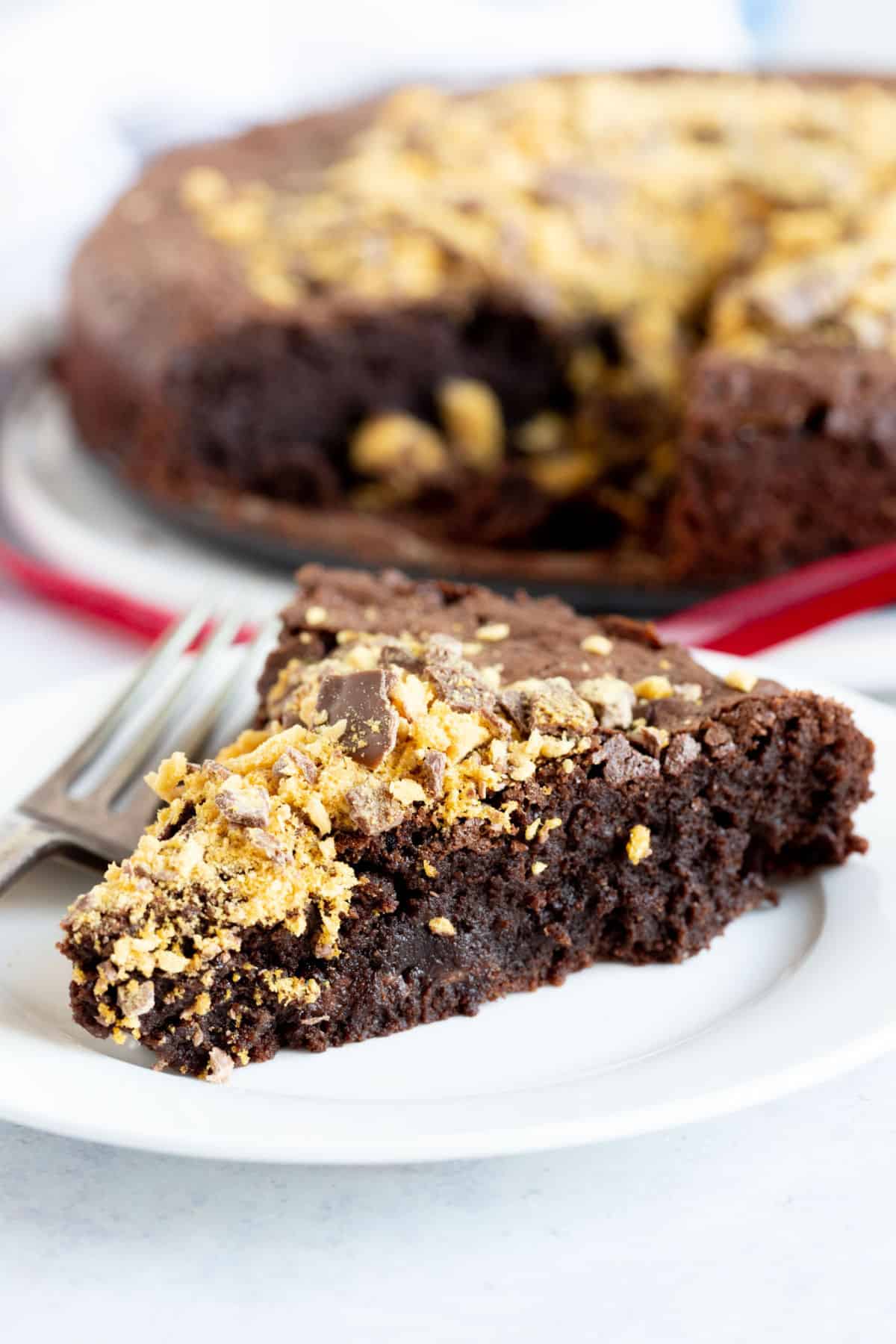 A slice of chocolate honeycomb torte.