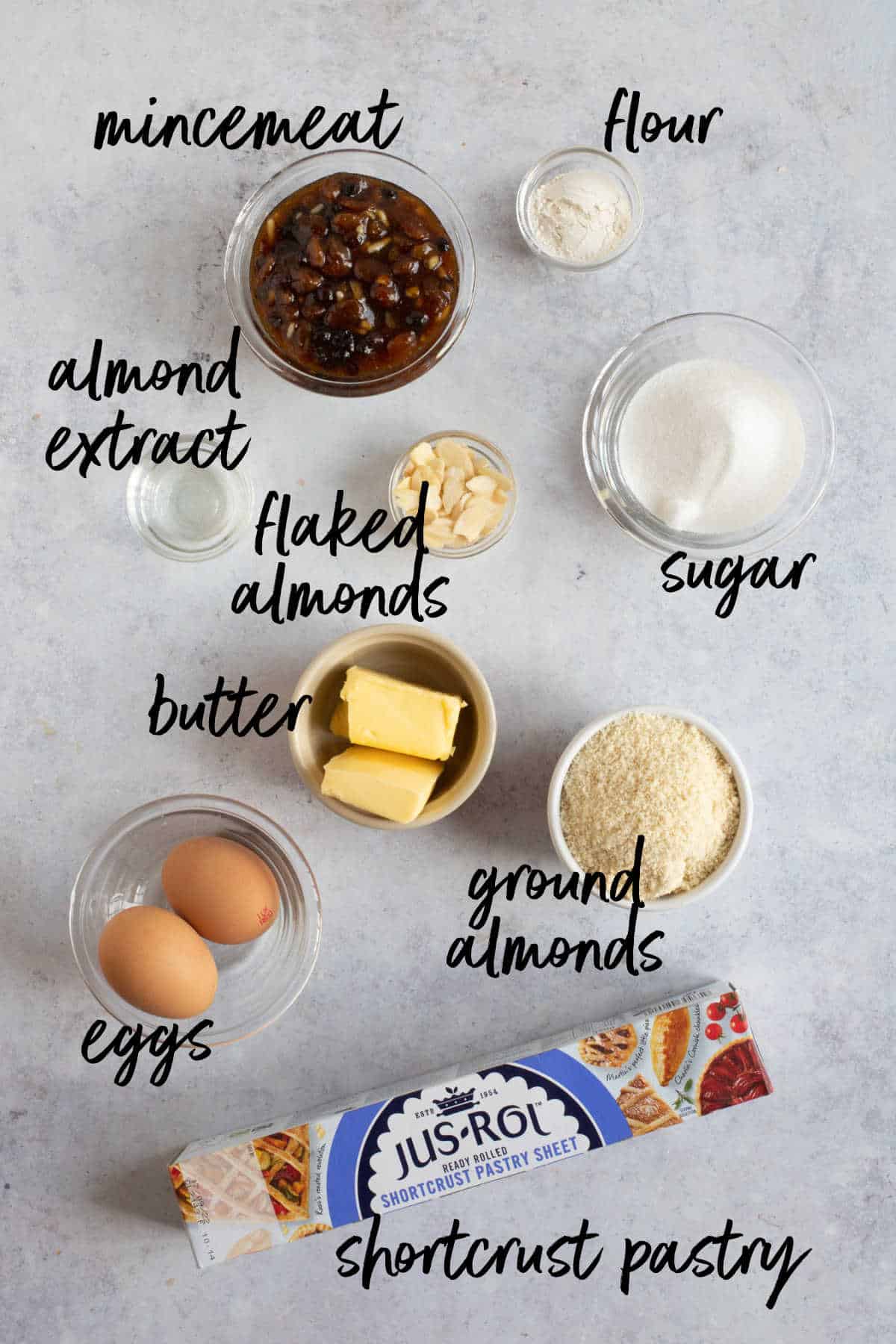 Ingredients for frangipane mince pies.