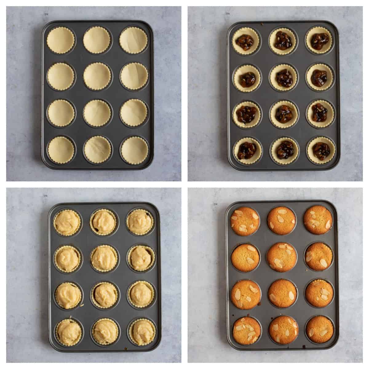 Baked frangipane mince pies in a bun tin.