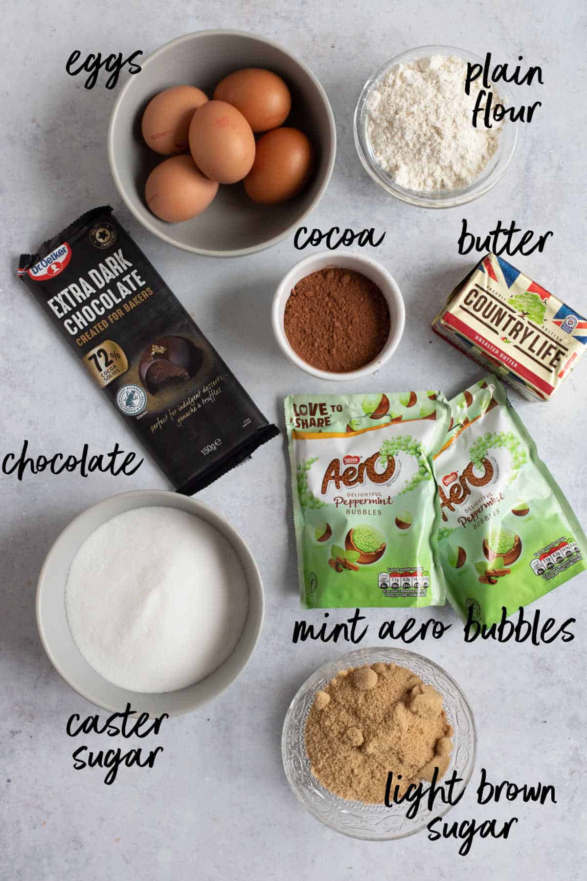 Ingredients for mint aero brownies.