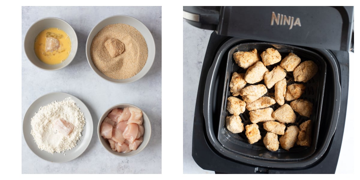 Breadcrumbing chicken nuggets for the air fryer.