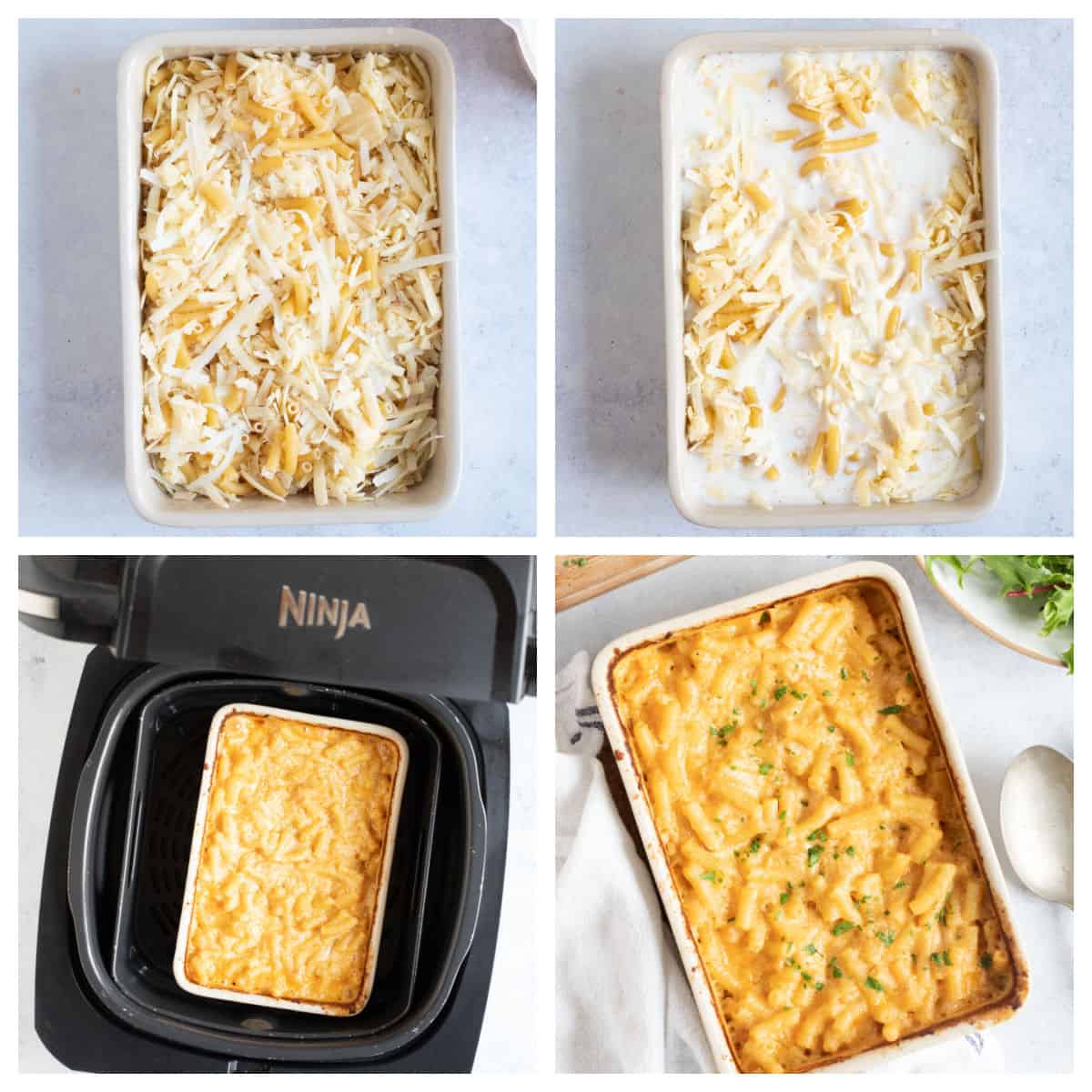 Step by step photo instruction collage for making mac and cheese in an air fryer.