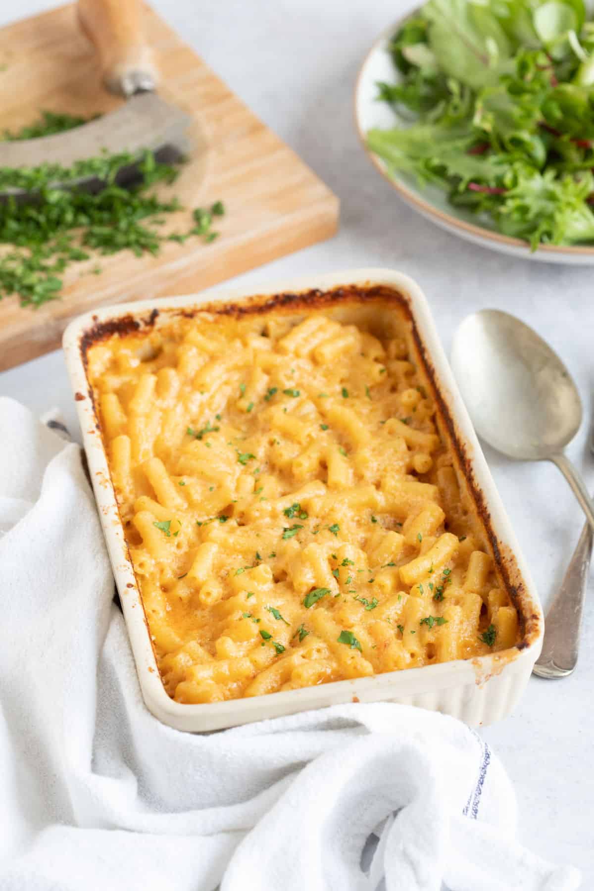 Air fryer mac and cheese garnished with parsley.