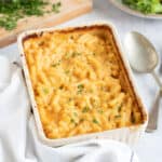 Air fryer macaroni cheese in a baking dish.