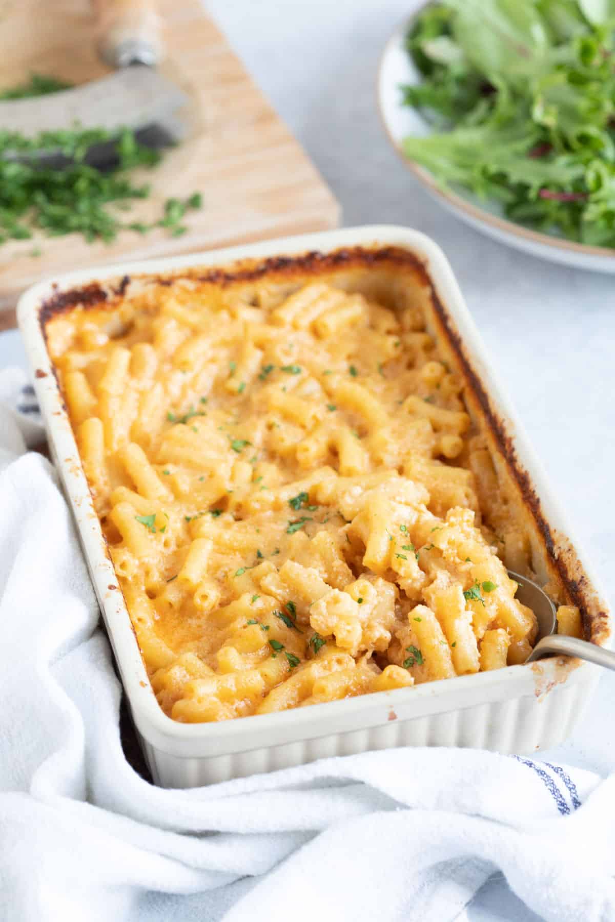 Air fried mac and cheese with salad.