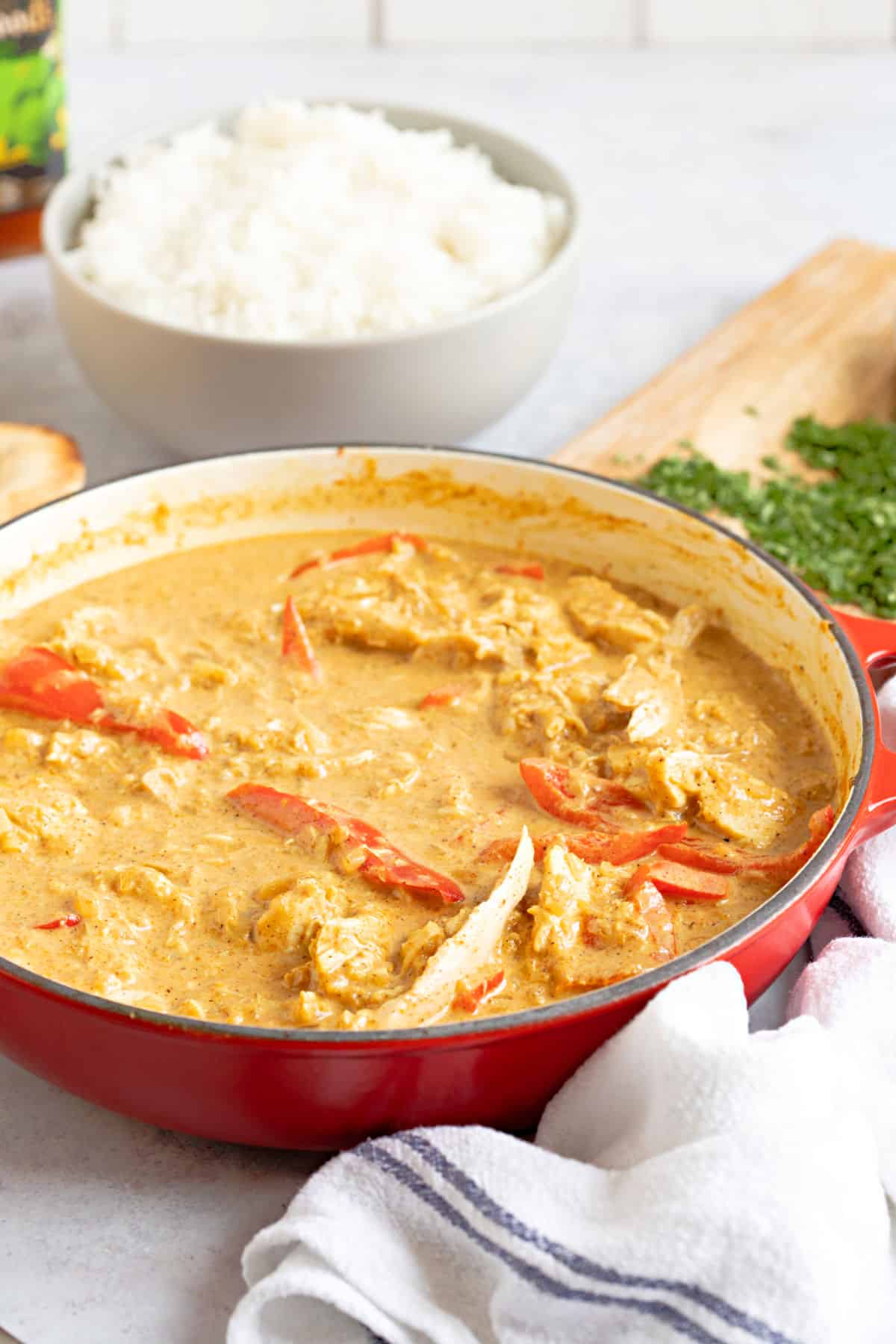 Leftover chicken and vegetable curry with a bowl of rice.