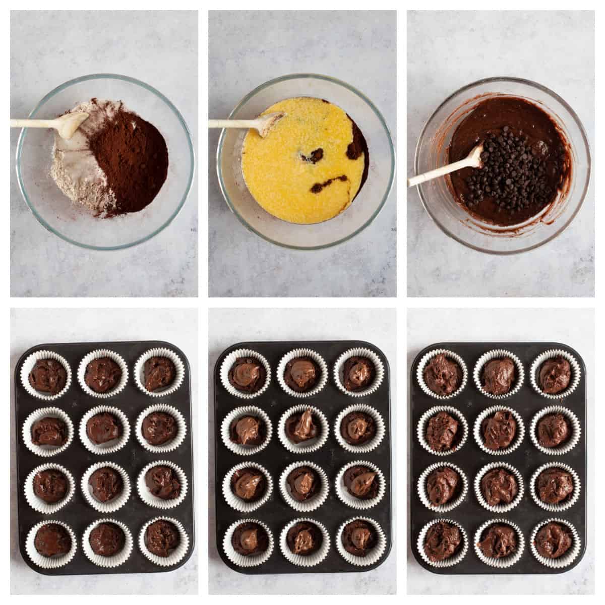 Step by step photo instruction collage for making Nutella muffins.