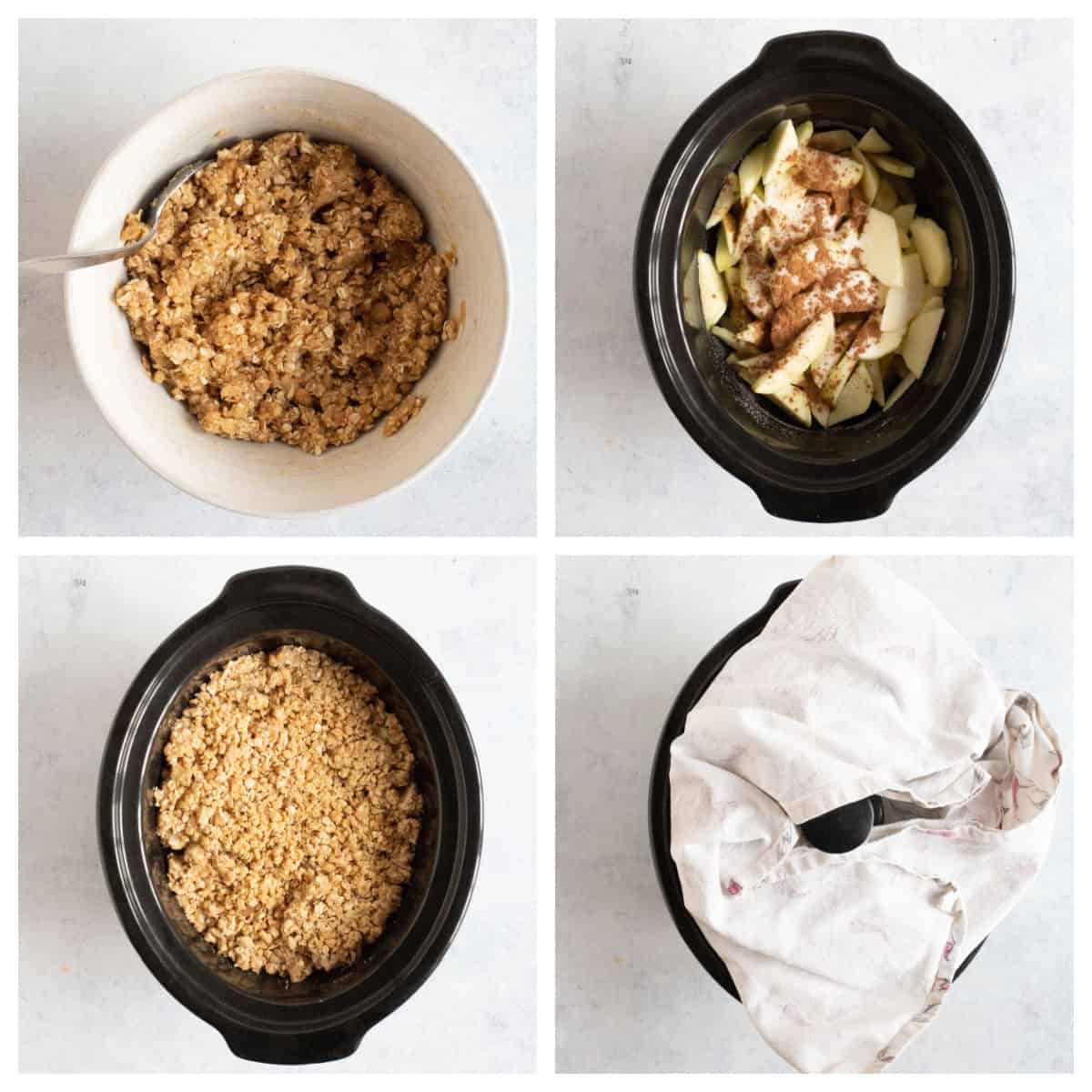 Apple crumble being made in a slow cooker.