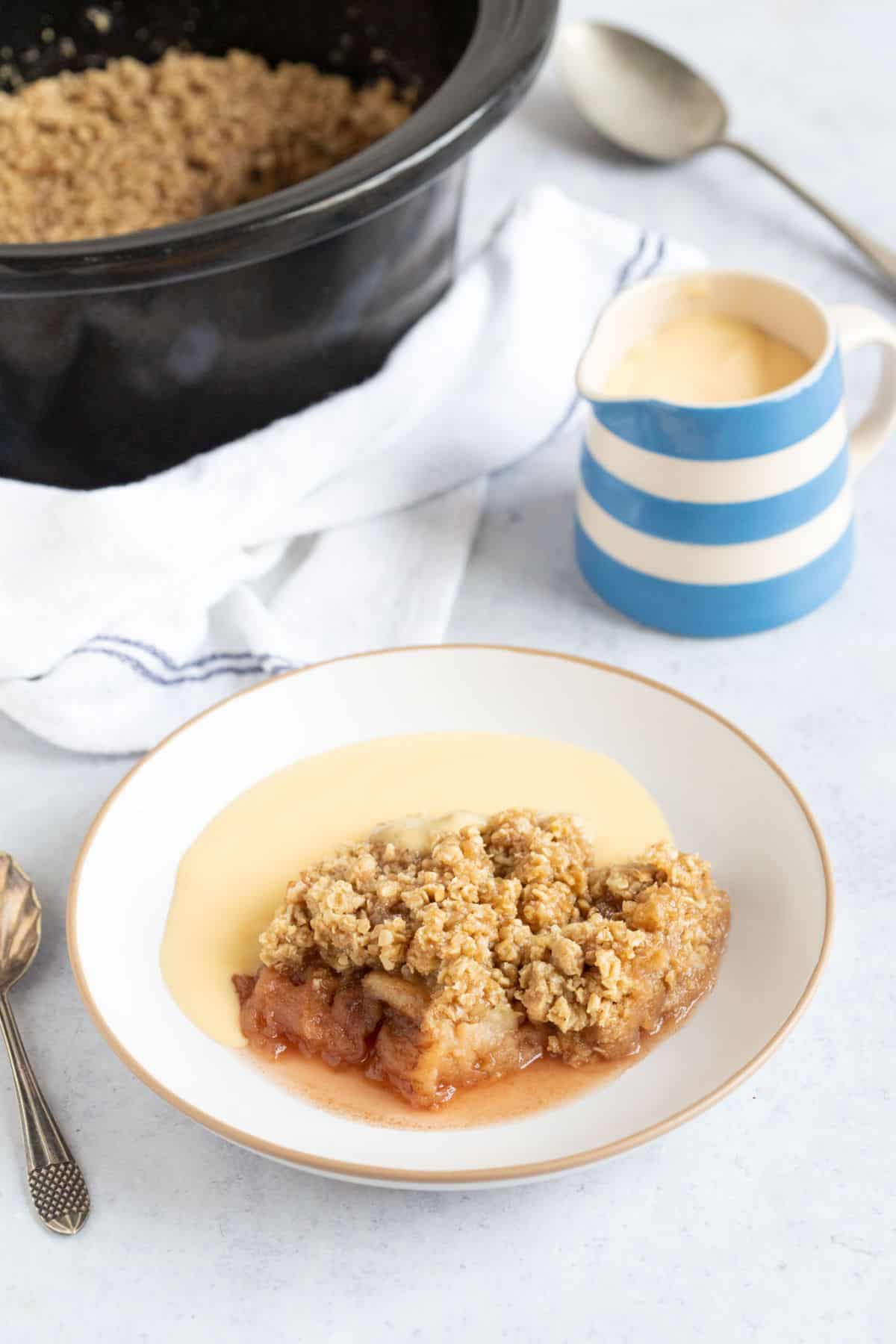 A bowl of slow cooker apple crumble with custard.