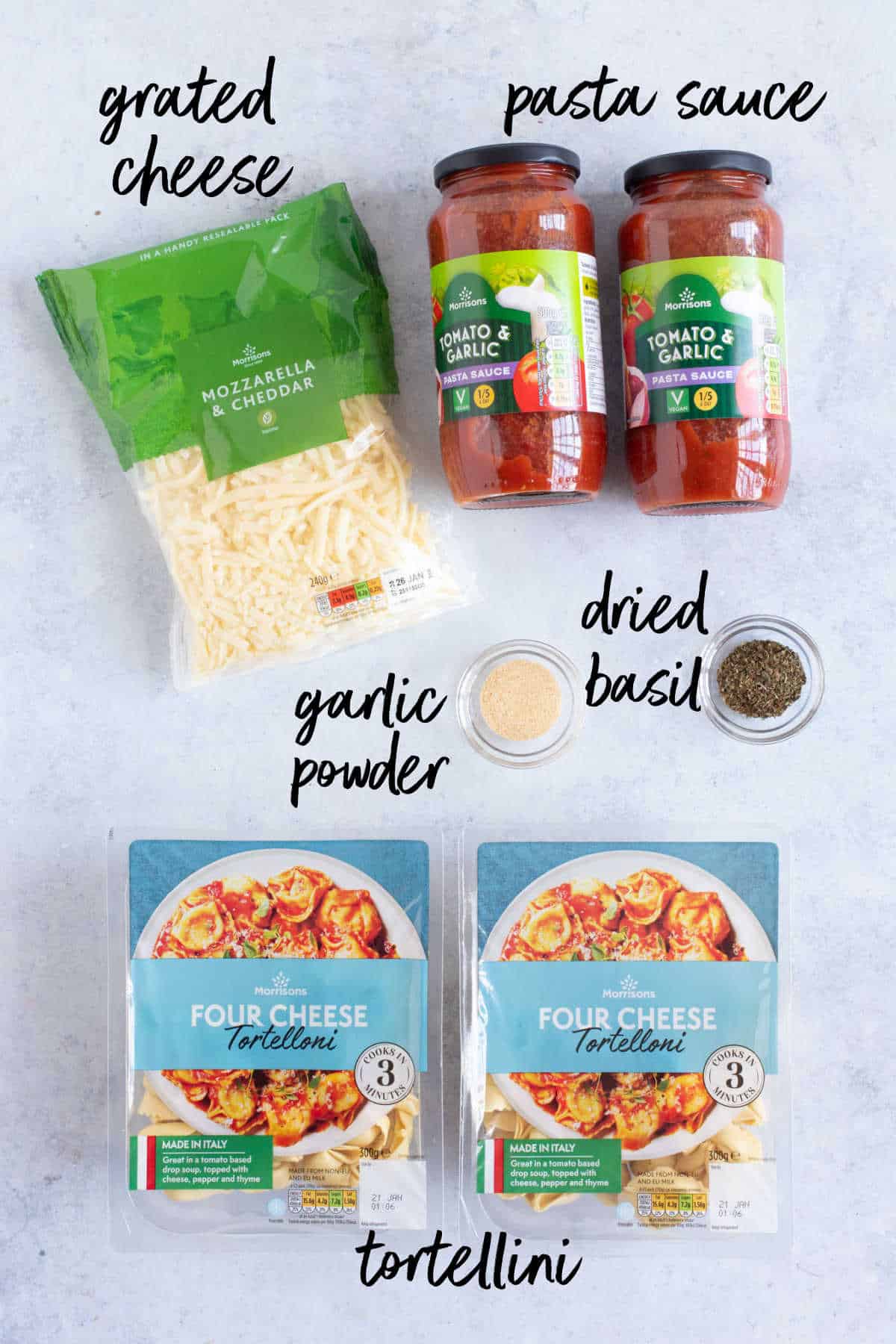 Ingredients for slow cooker tortellini bake.