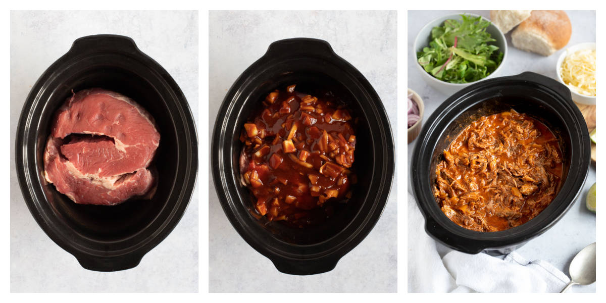 Making pulled beef in a slow cooker - step by step photo instructions collage.