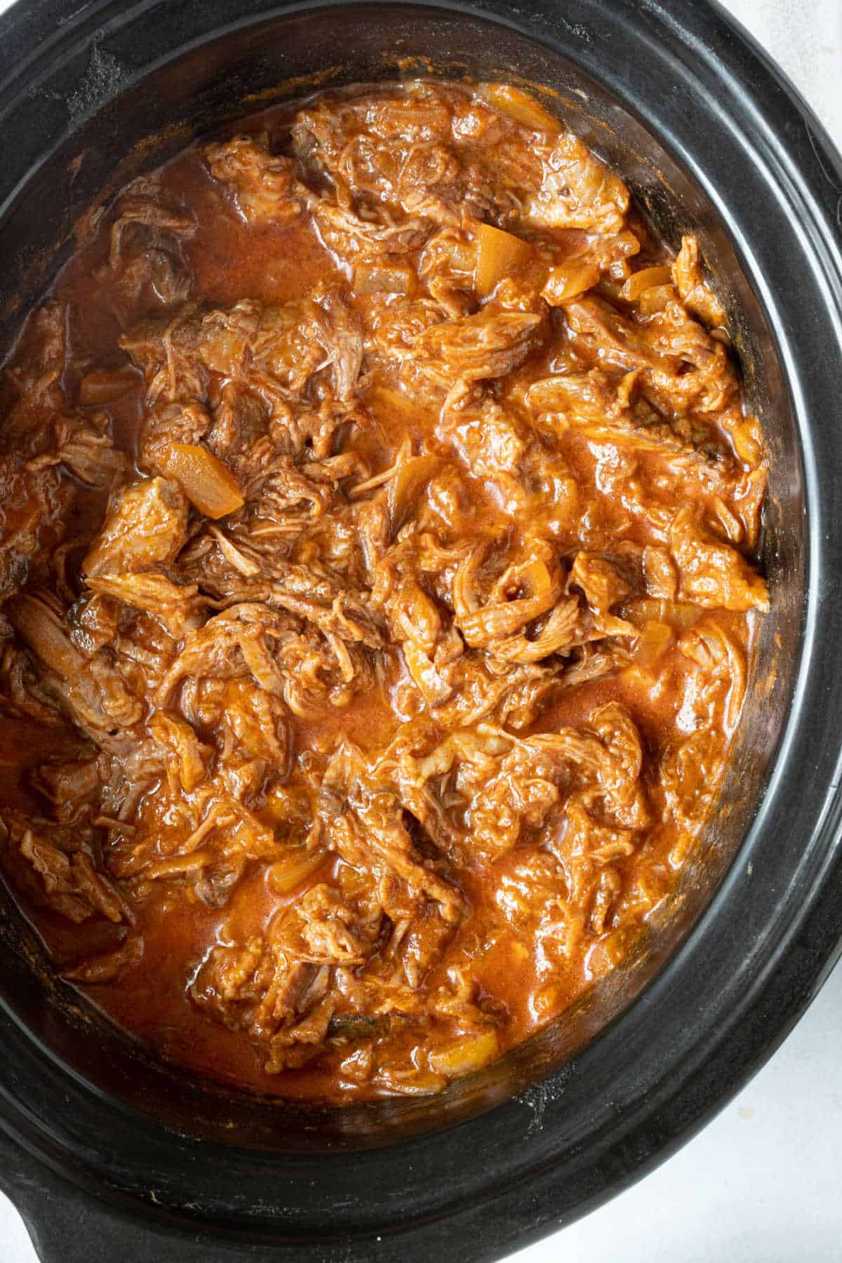 Pulled bbq beef brisket in slow cooker.