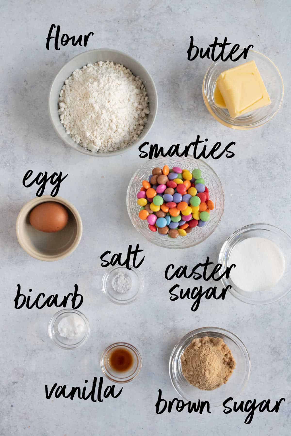 Ingredients for smarties cookies.