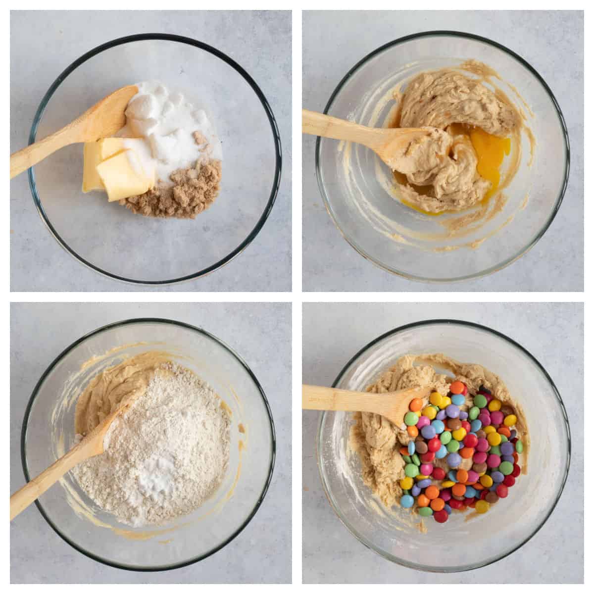 Smarties cookie dough in a mixing bowl.