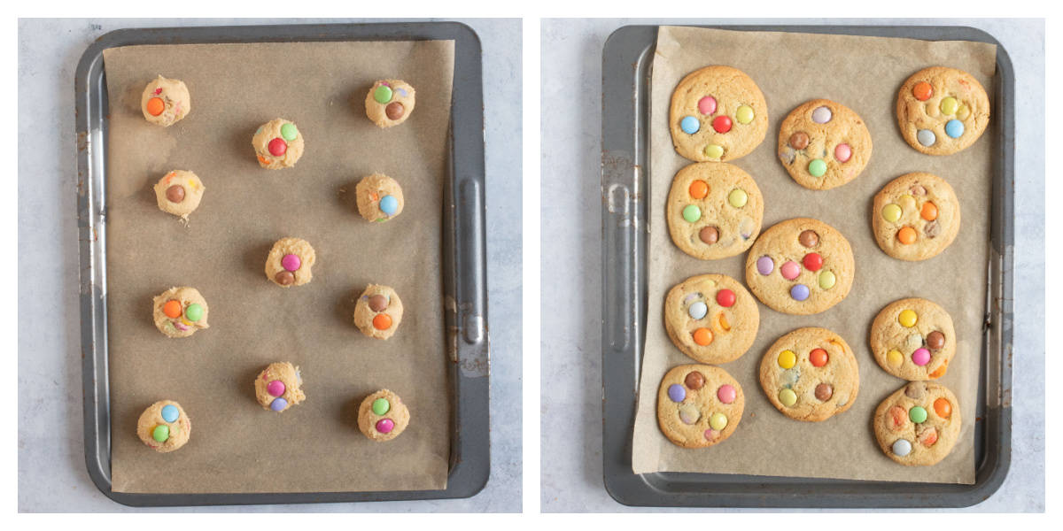 Smarties cookies on a baking try.