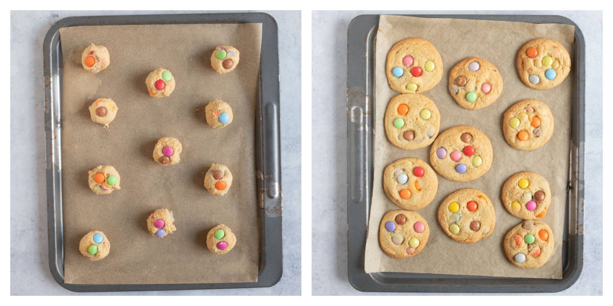Smarties cookies on a baking try.