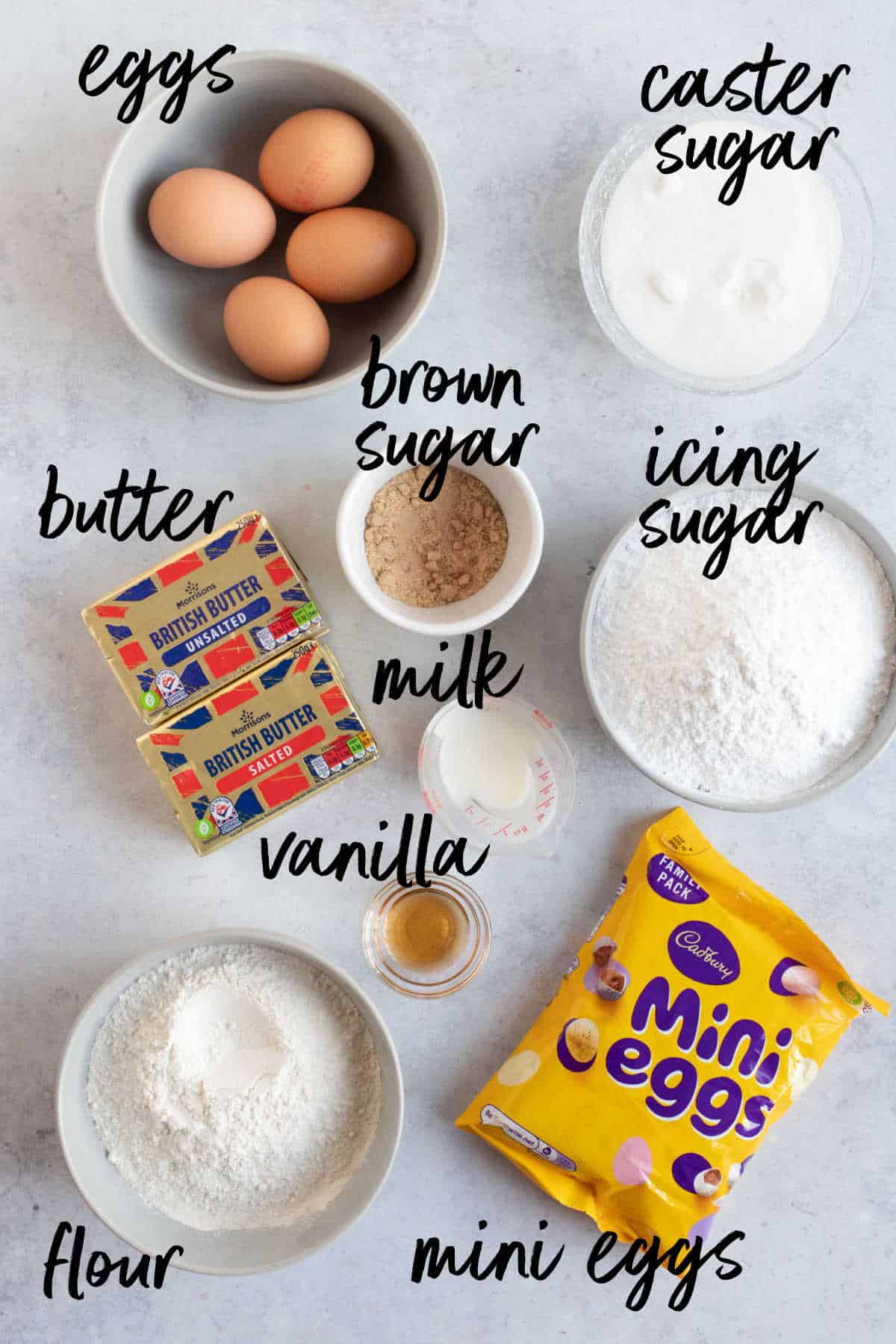 Ingredients for mini egg cake.