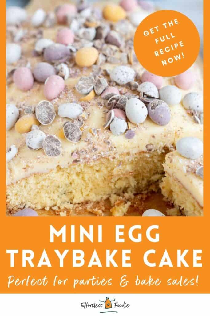 Mini egg tray bake cake pin image for Pinterest.