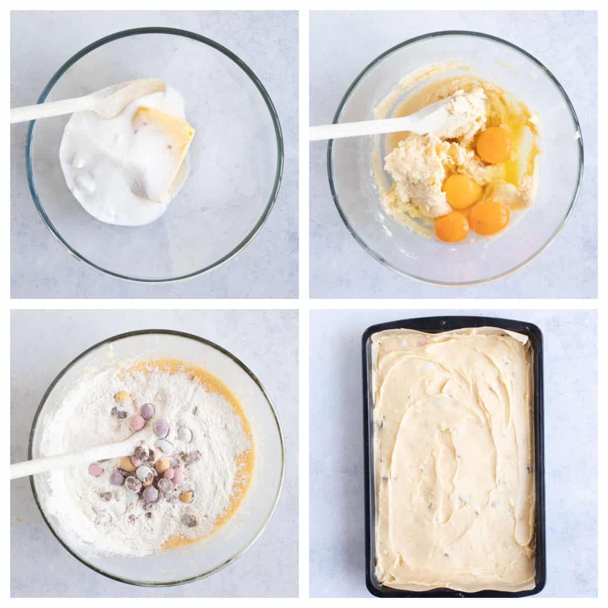 Mini egg cake batter in a mixing bowl.