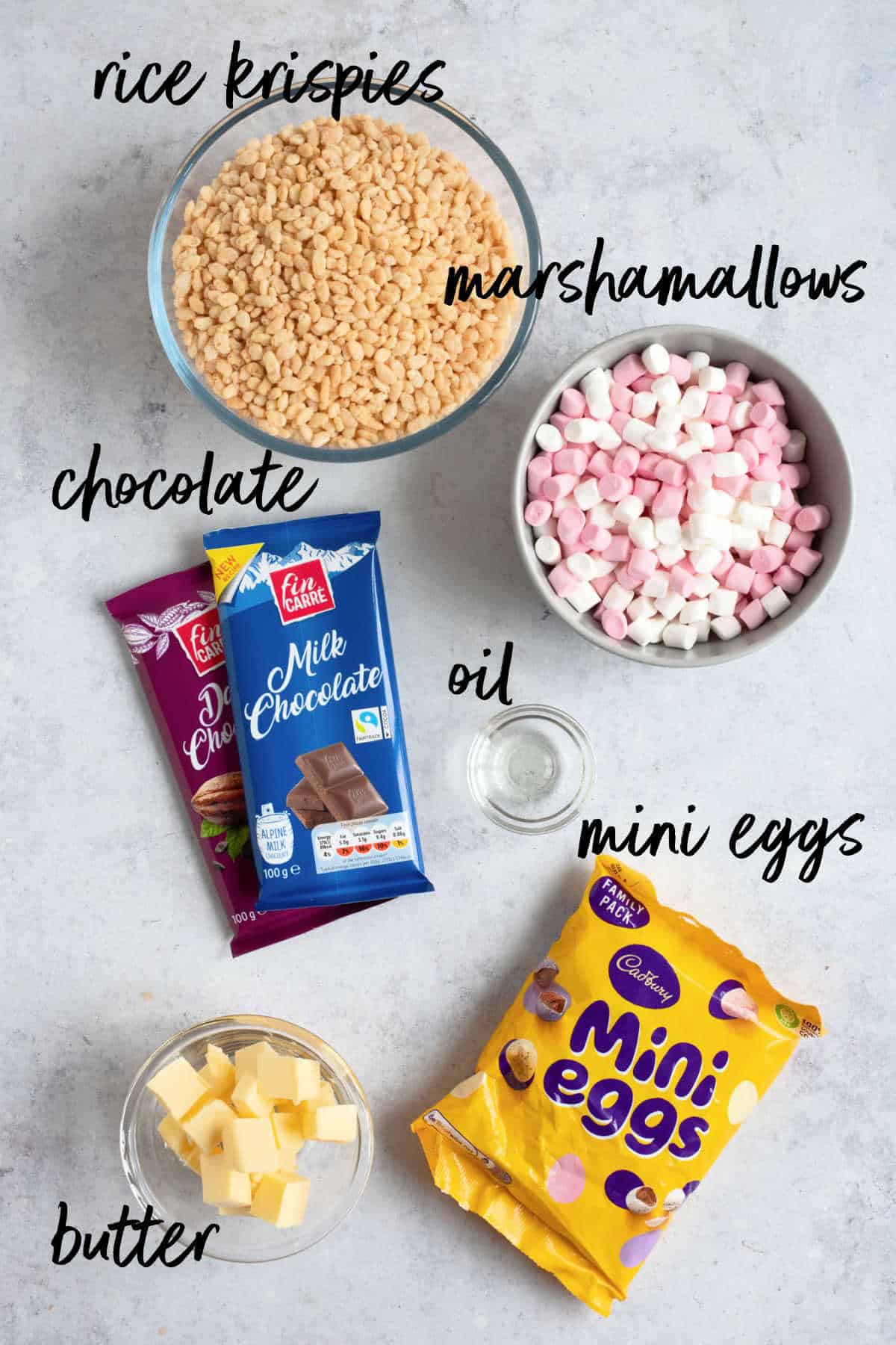 Ingredients for chocolate mini egg rice krispie squares.