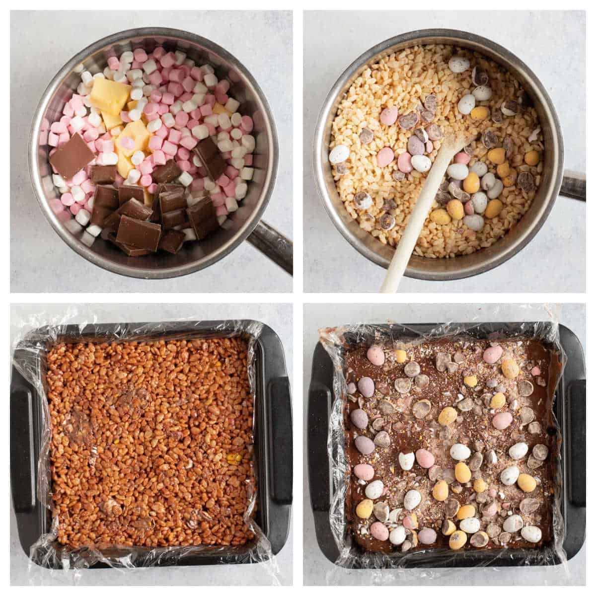 Step by step photo instruction collage for making rice krispie treats with mini eggs.