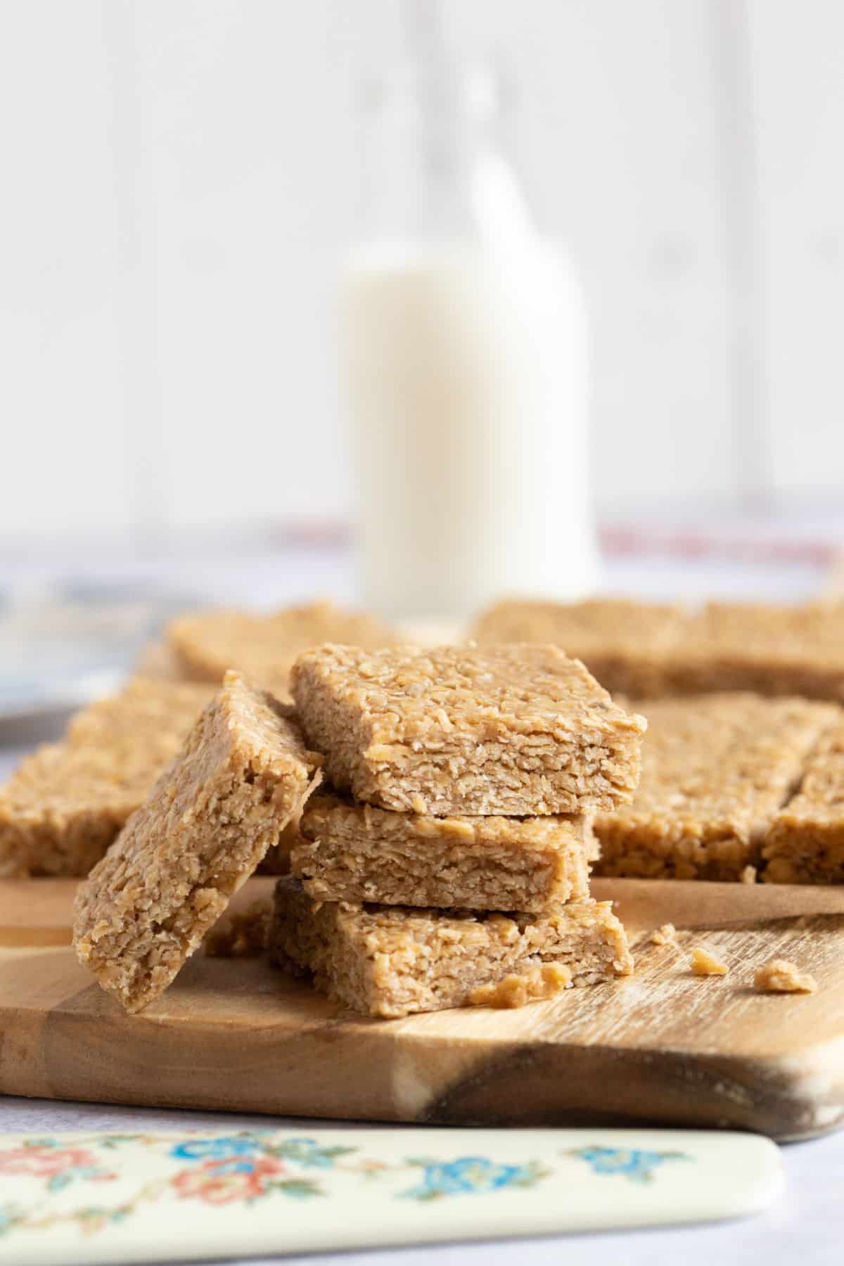 A stack of no bake oat bars.