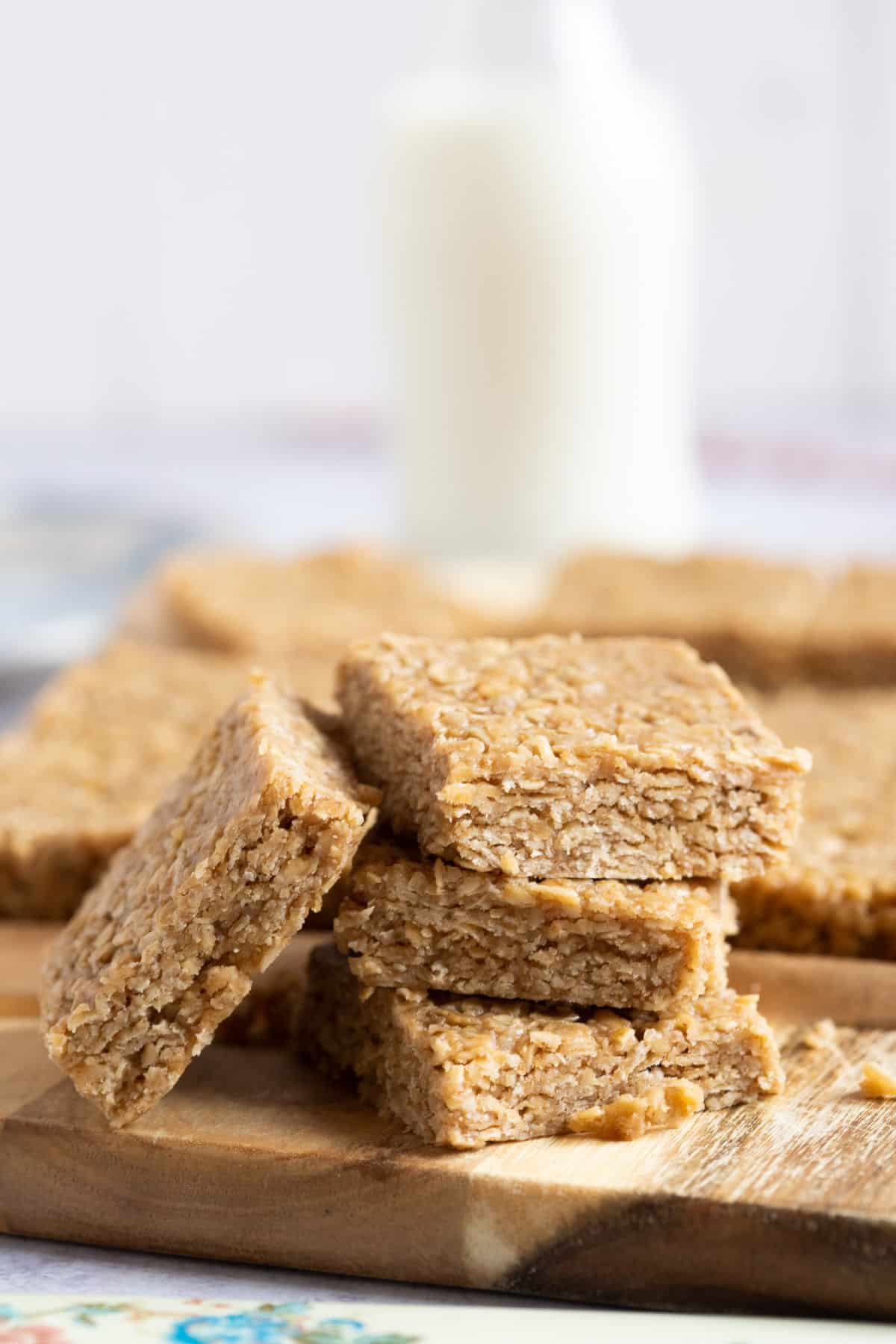 A stack of no bake peanut butter flapjacks.