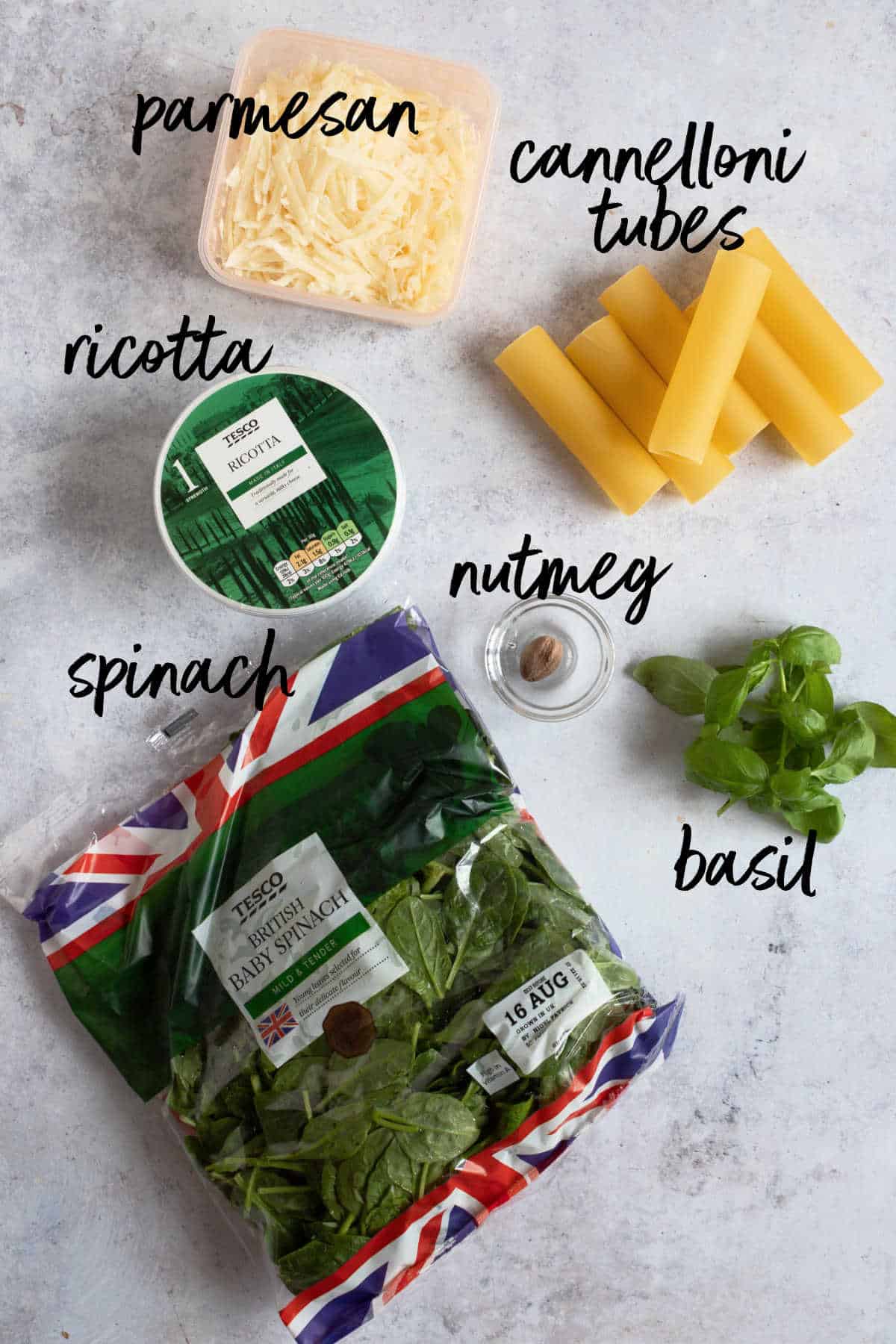 Spinach and ricotta cannelloni ingredients.