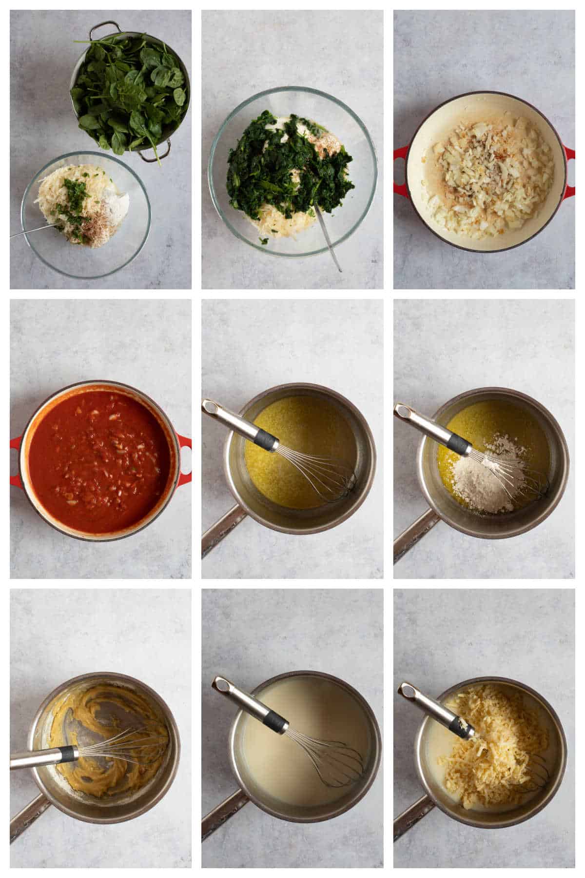 Step by step photo instruction collage for making spinach and ricotta cannelloni.