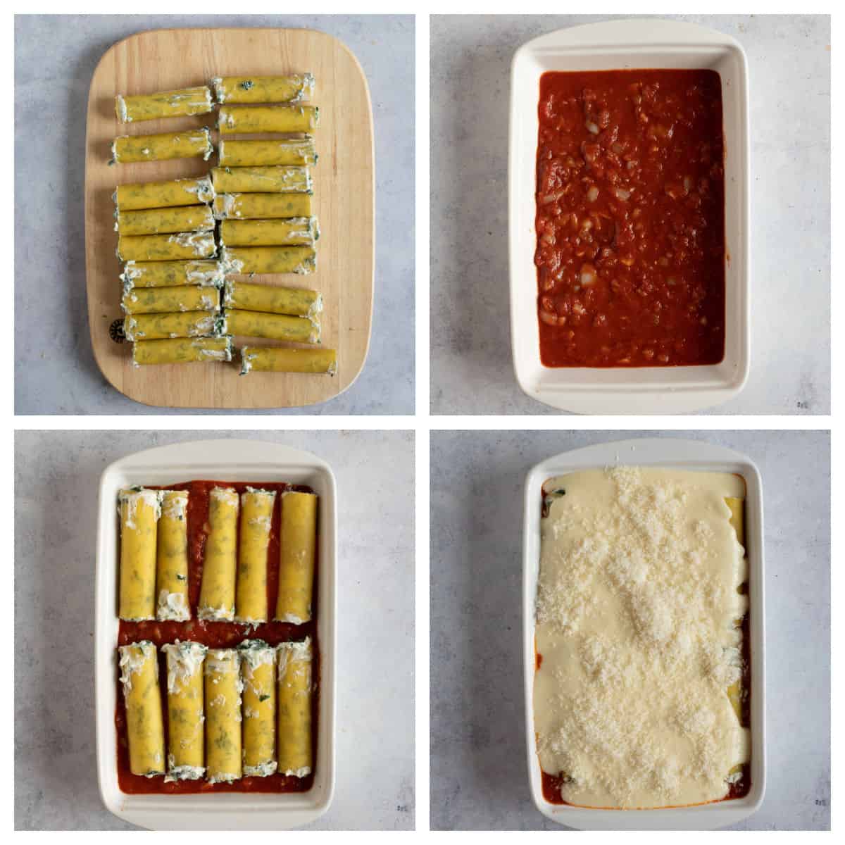 Assembling the spinach and ricotta cannelloni in a baking dish.
