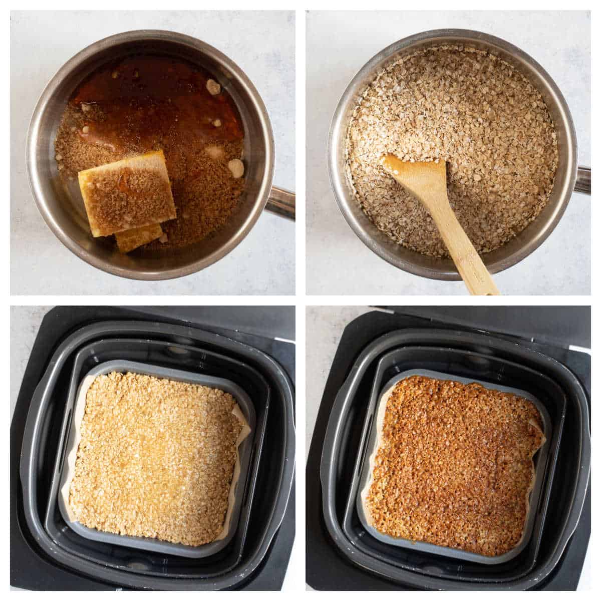 Step by step photo instruction collage for making flapjacks in a Ninja air fryer.