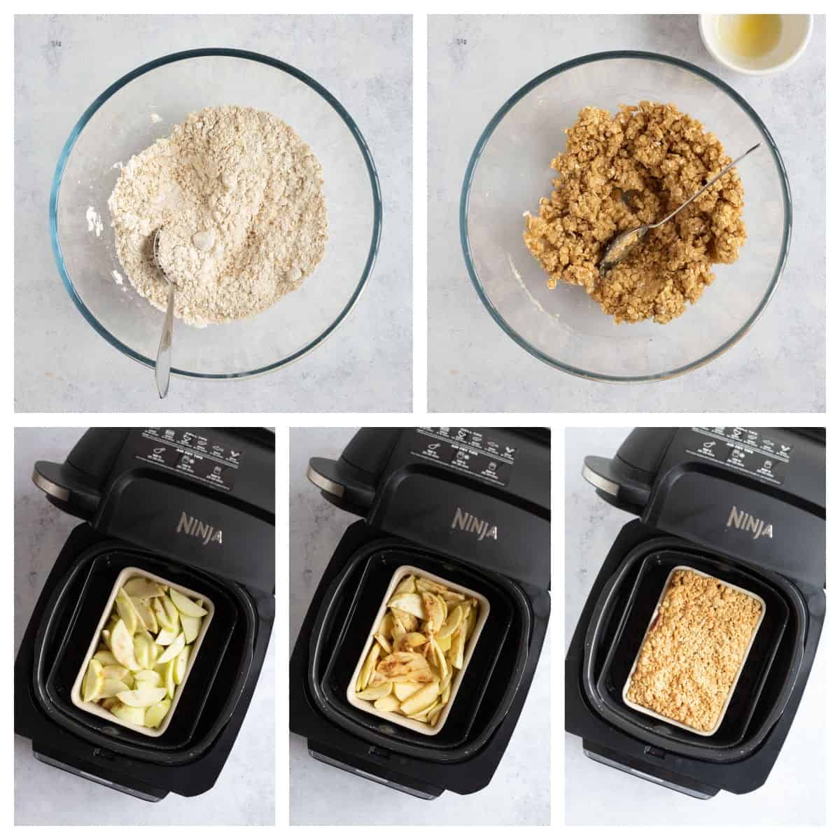 Step by step photo instructions of making apple crumble in an air fryer