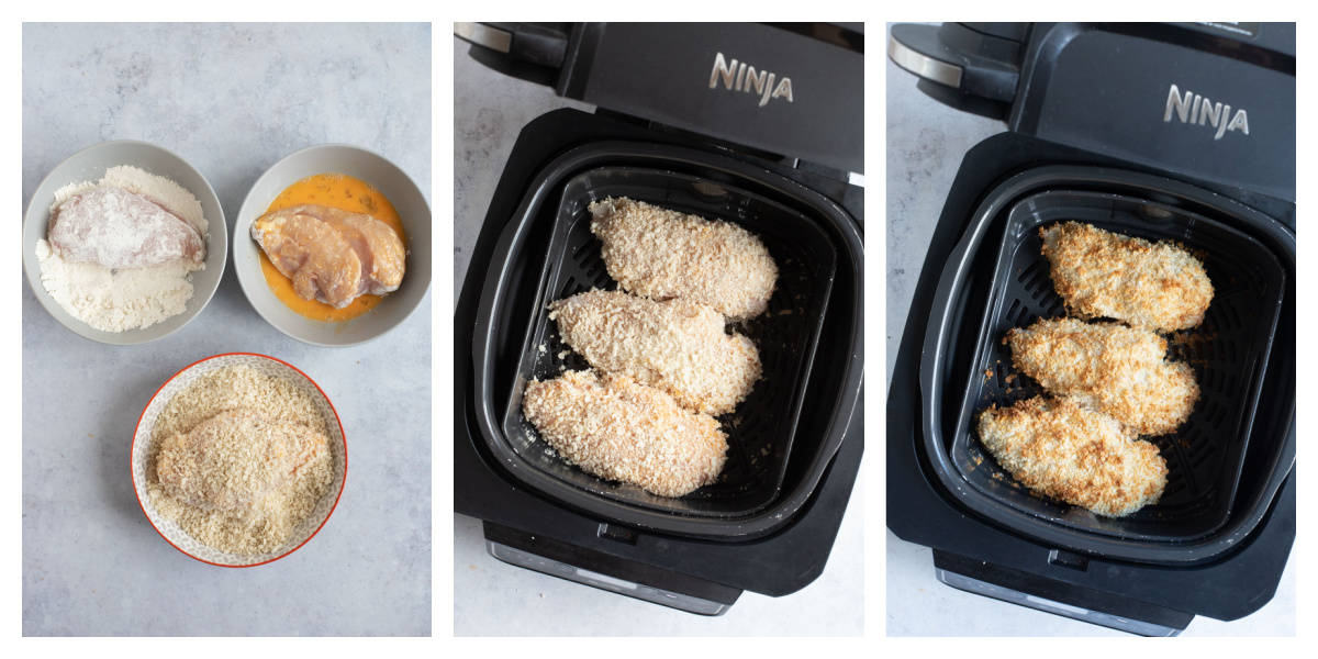 Breadcrumbed chicken breasts in air fryer basket.