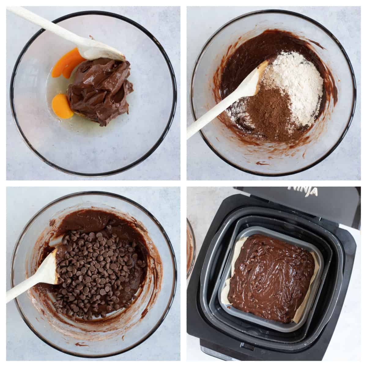 Step by step photo instruction collage for making brownies in Ninja Foodi air fryer.