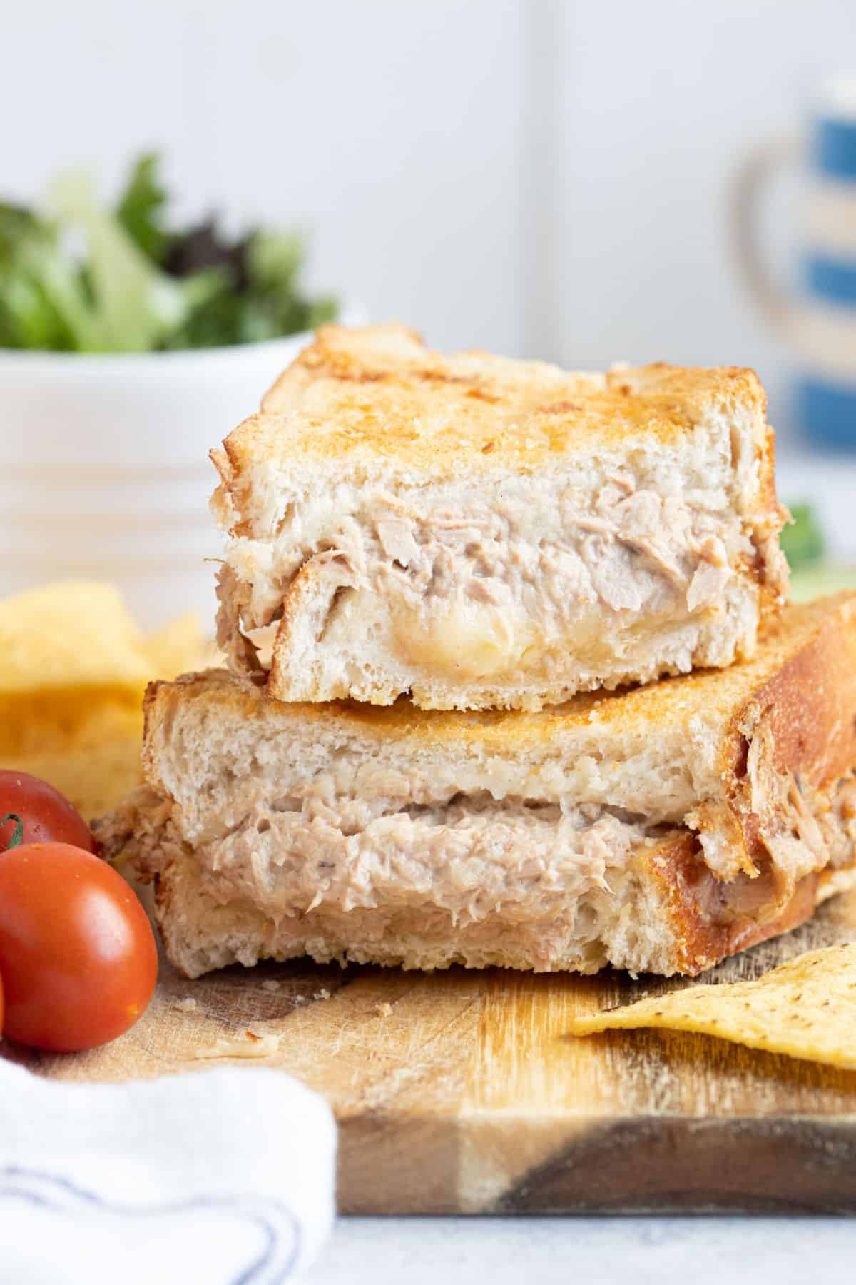 Air fryer tuna melt with salad.