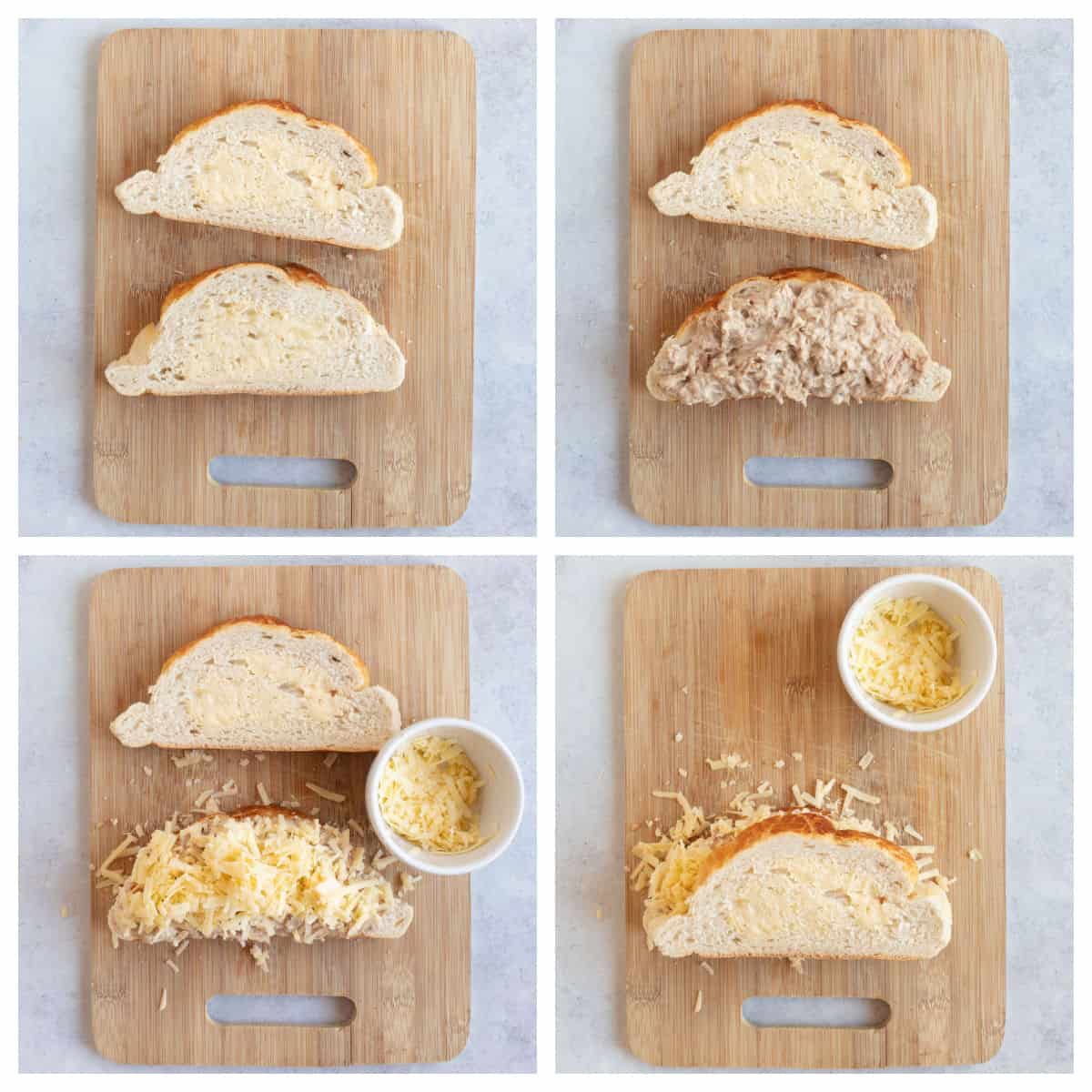 Step by step photo instructions for assembling the tuna melt.