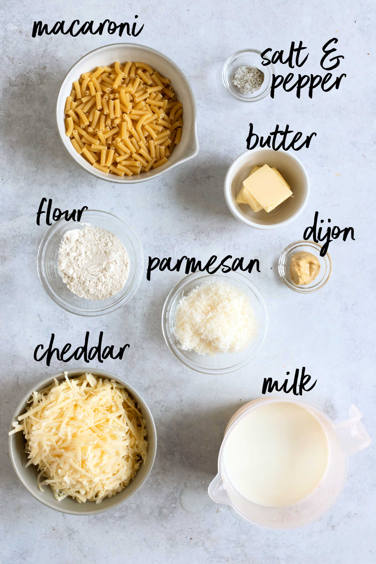 Ingredients for easy macaroni cheese.