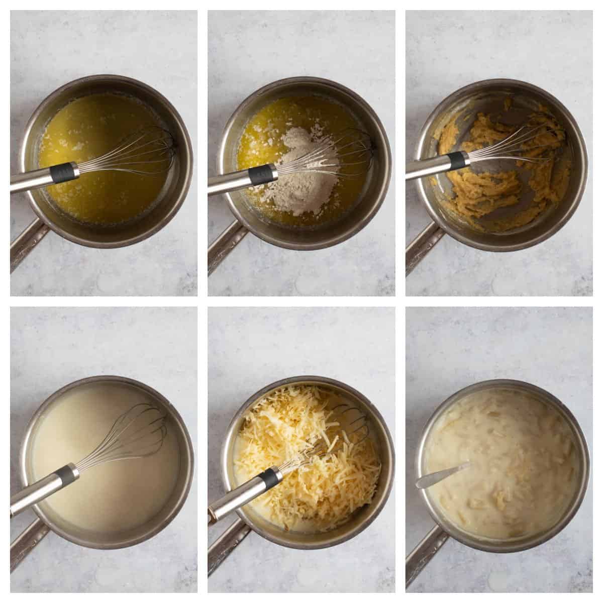 Making a cheese sauce for macaroni cheese in a saucepan. Step by step photo instructions.