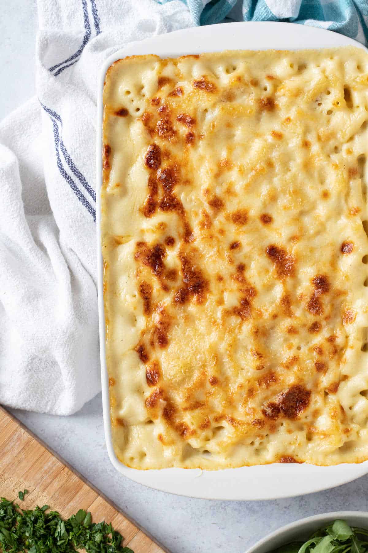 Macaroni cheese in a white dish.