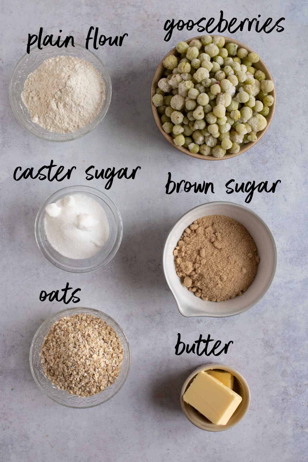 Ingredients for gooseberry crumble.