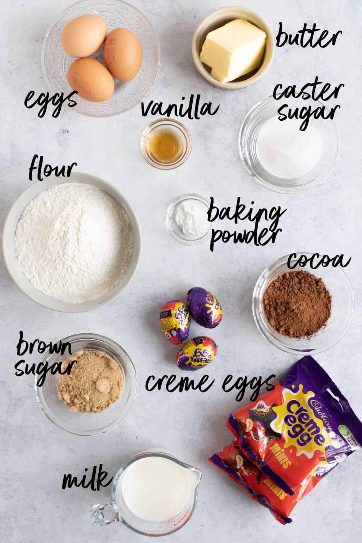 Ingredients for self-saucing slow cooker chocolate creme egg pudding.