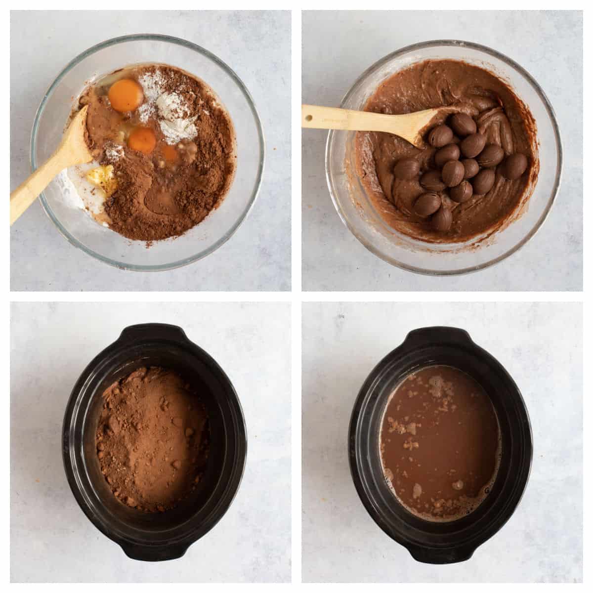 Step by step photo instructions for making slow cooker chocolate pudding.